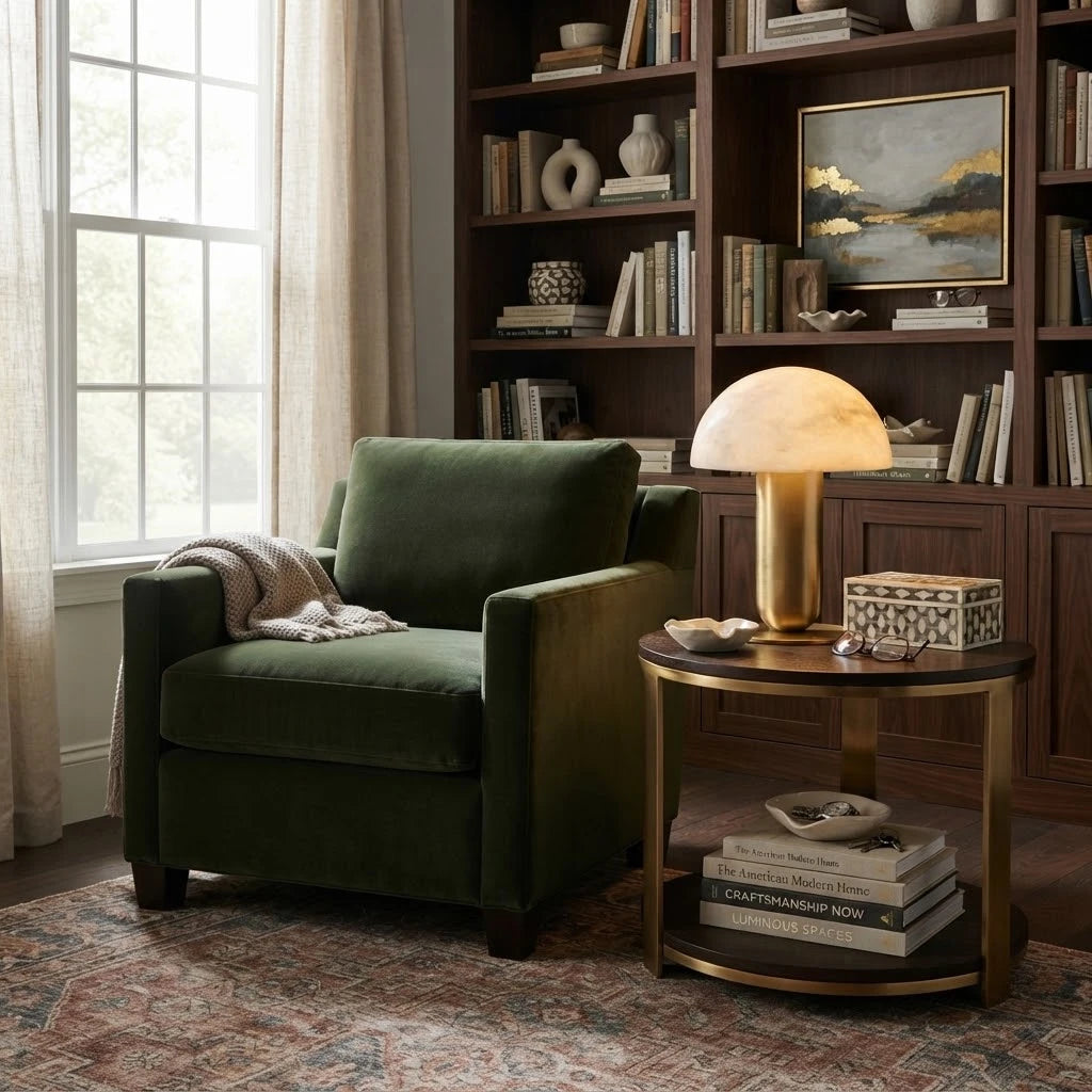 Modern Alabaster Mushroom Table Lamp in Classic Study Space