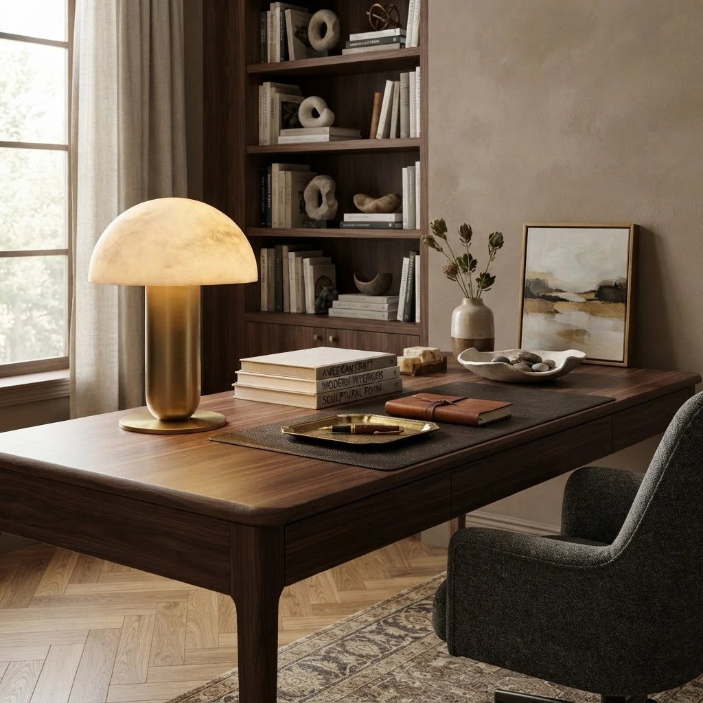 Modern Brass Alabaster Mushroom Table Lamp in Home Office Setting