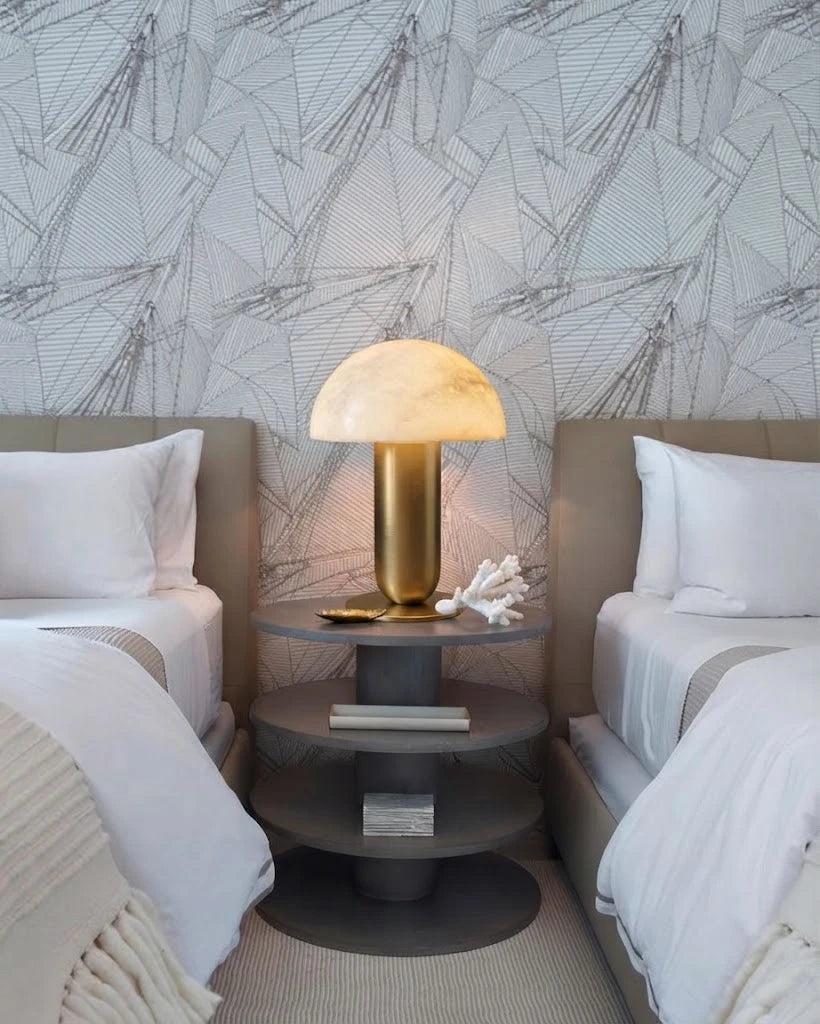 Modern Alabaster Mushroom Table Lamp in Twin Bedroom Setting