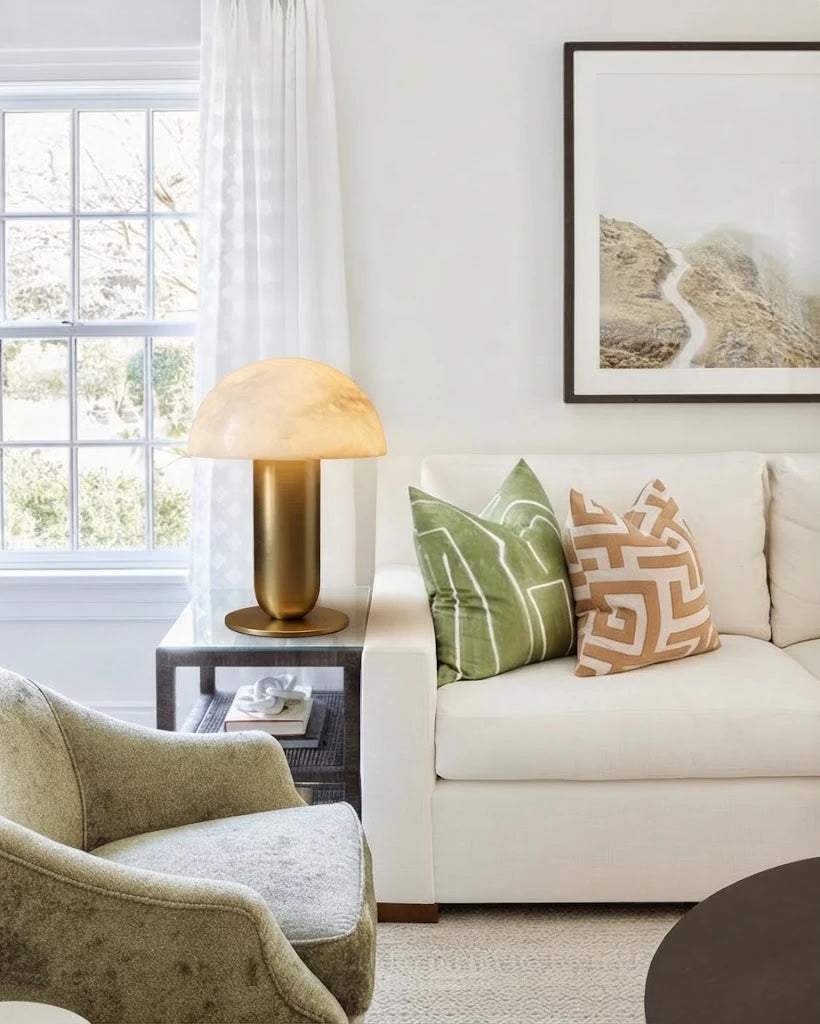 Modern Brass Alabaster Mushroom Table Lamp in Bright Living Room