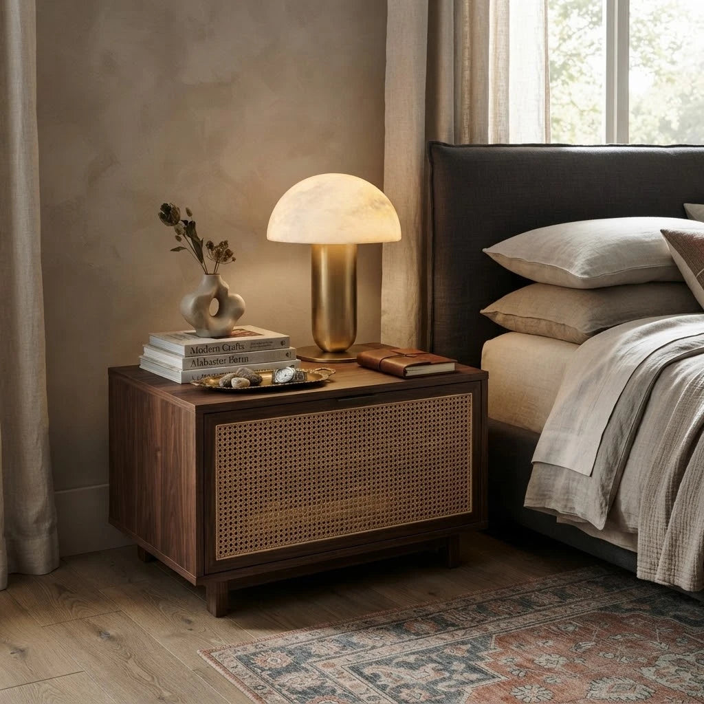 Modern Alabaster Mushroom Table Lamp in Cozy Bedroom Setting