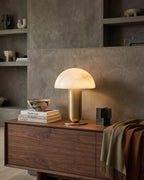 Modern Brass Alabaster Mushroom Table Lamp in Elegant Living Space