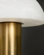 Close Up View of Modern Brass Rod and Alabaster Mushroom Shade Connection Details