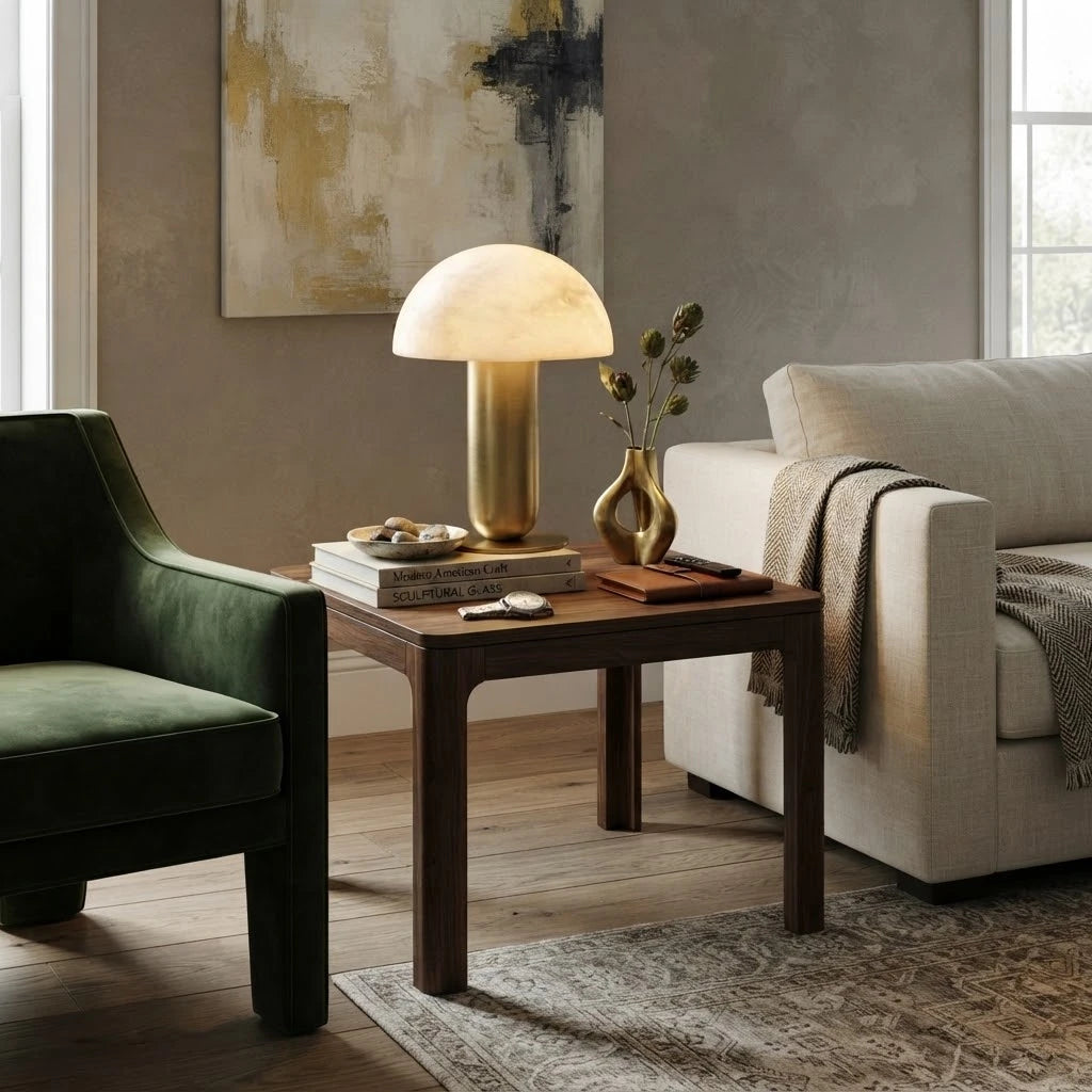 Modern Alabaster Mushroom Table Lamp in Contemporary Living Room