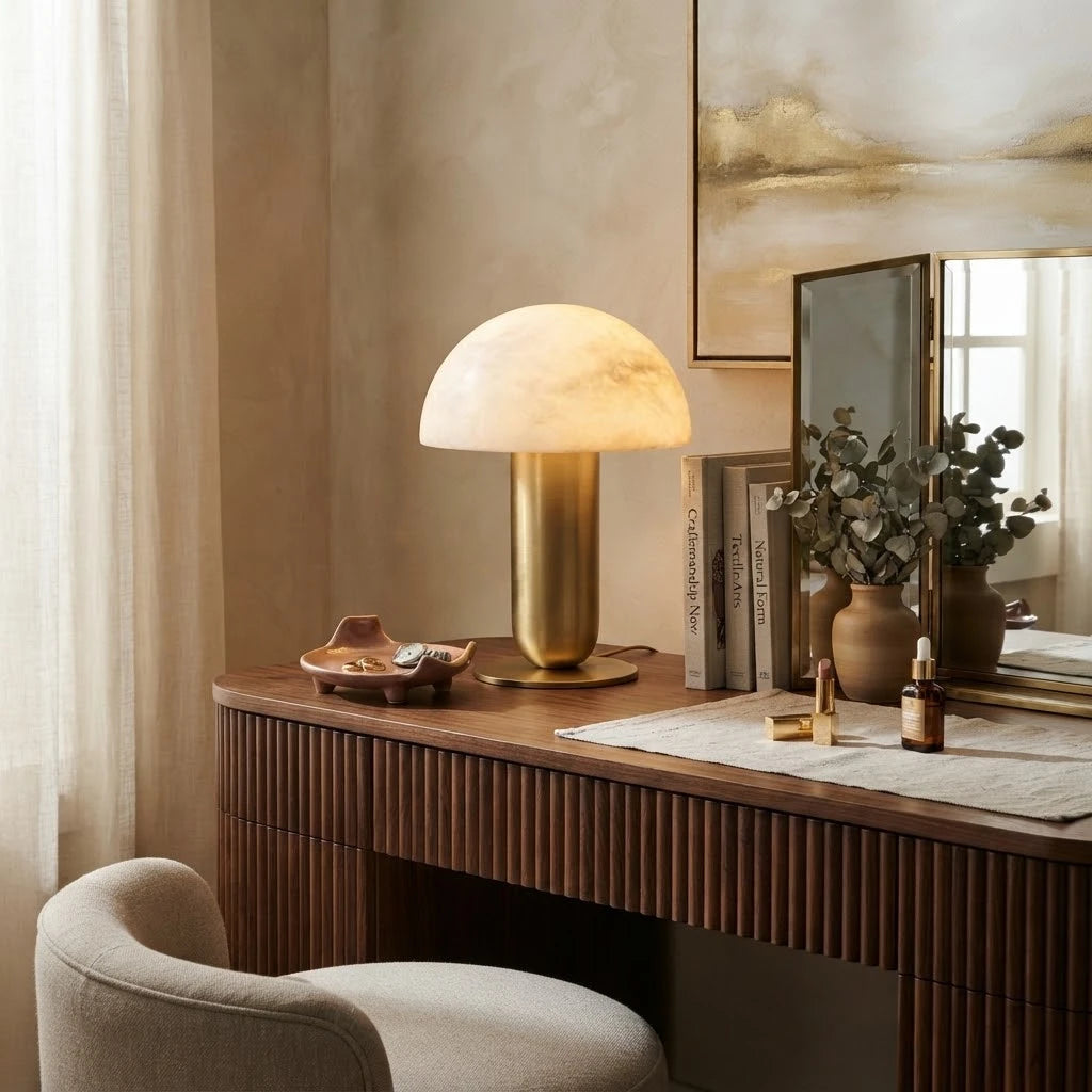 Modern Brass Alabaster Mushroom Table Lamp in Luxury Vanity Space
