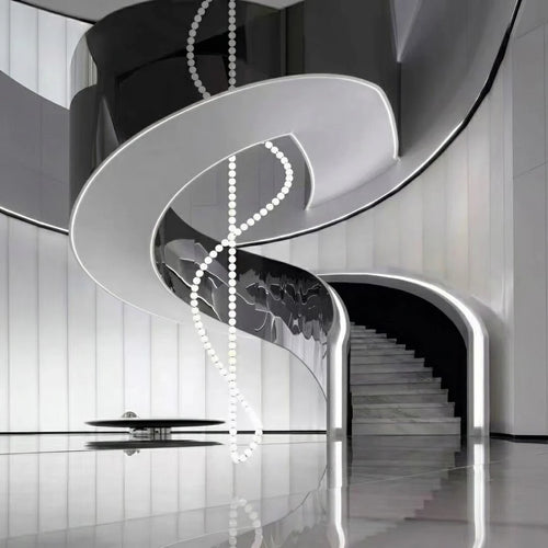 Cascading Beaded LED Chandelier along Modern Spiral Staircase