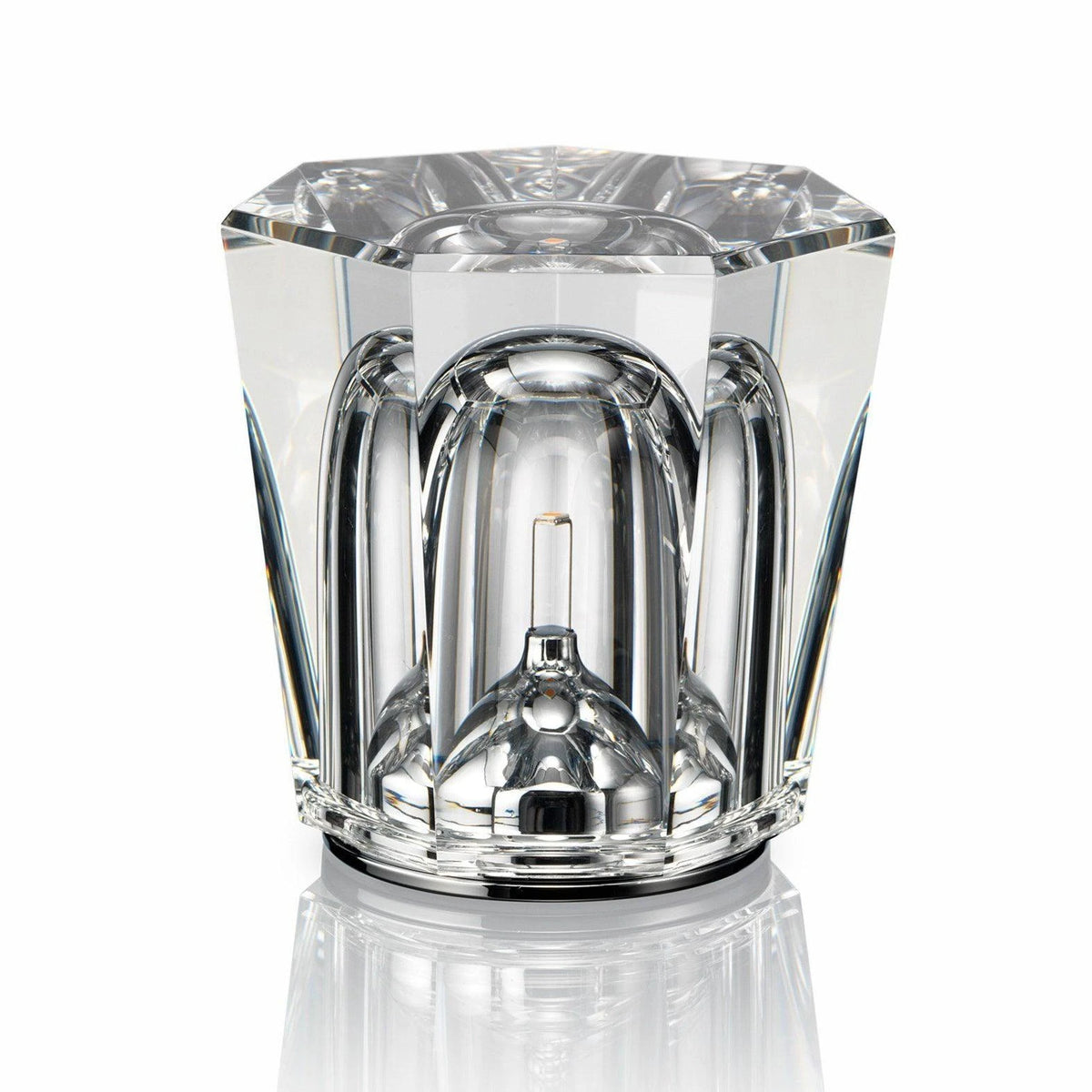 Front View of Modern Hexagonal Faceted Crystal Cordless Table Lamp Studio Shot