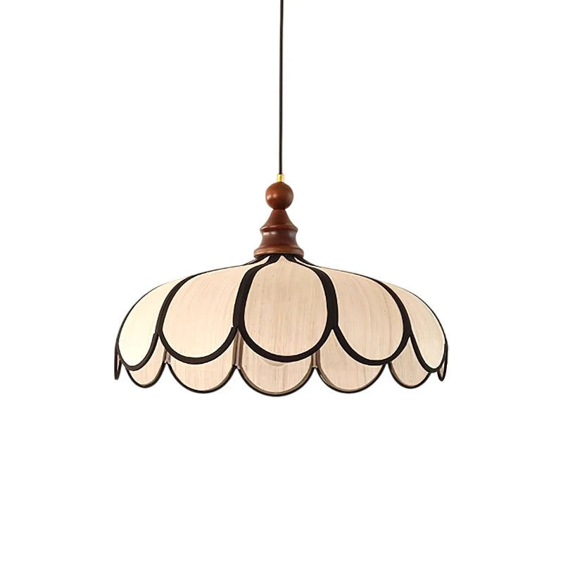 Vintage Scalloped Fabric Shade Pendant Light with Wooden Top on Pure White Background