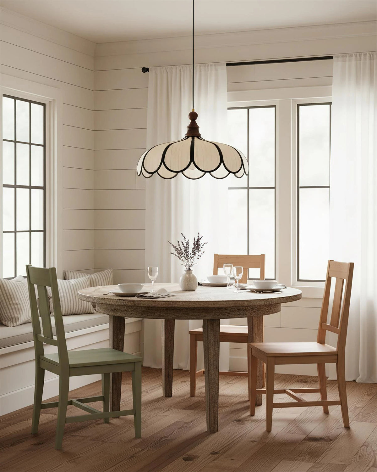 Vintage Scalloped Fabric Pendant Light Over Round Wooden Dining Table