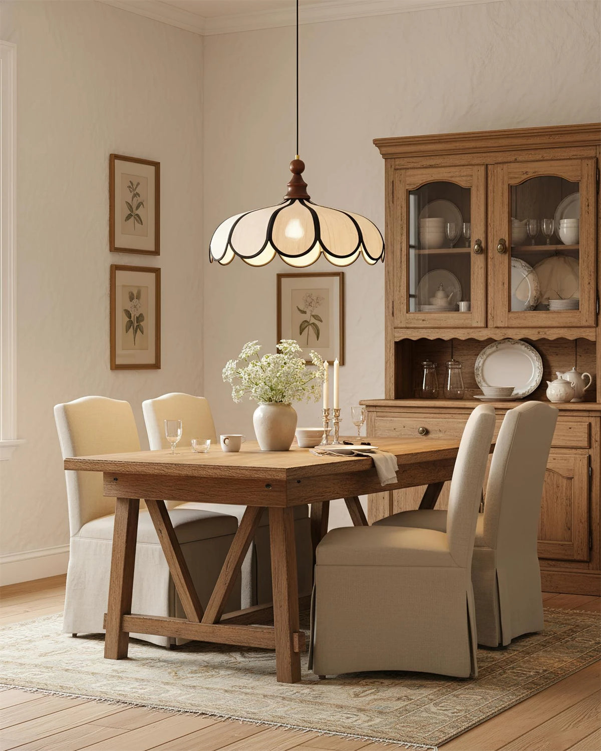 Vintage Scalloped Fabric Pendant Light Over Farmhouse Dining Table