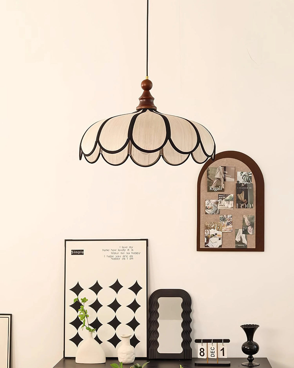 Vintage Fabric Shade Pendant Lamp Over Living Room Decor Corner