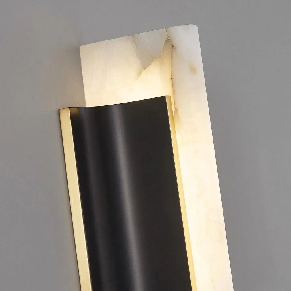 Modern Alabaster Wall Sconce with Black and Brass Curved Panel / Minimalist Natural Stone LED Lighting Fixture