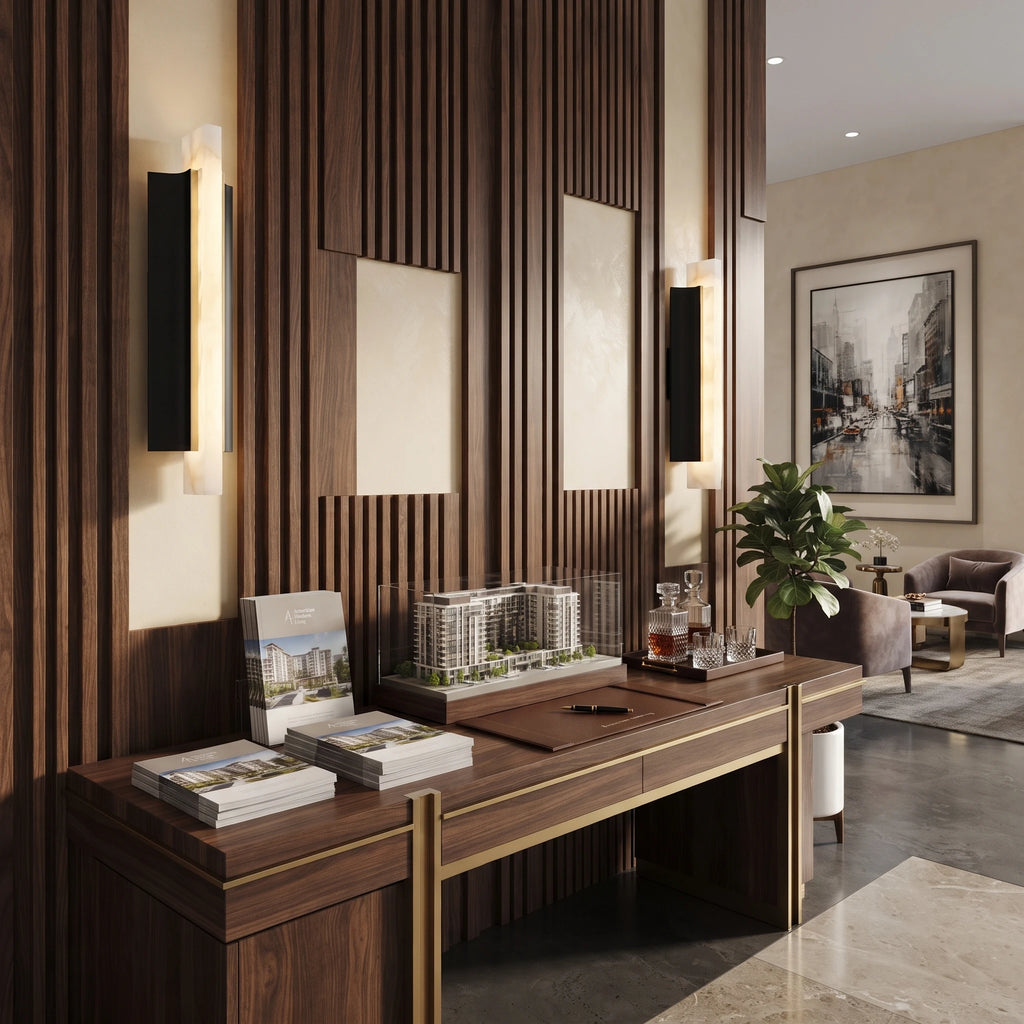 Pair of Black Flanked Alabaster Sconces in Contemporary Study