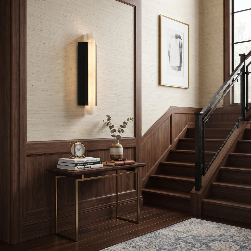 Modern Alabaster Pillar Sconce Light in Staircase Hallway