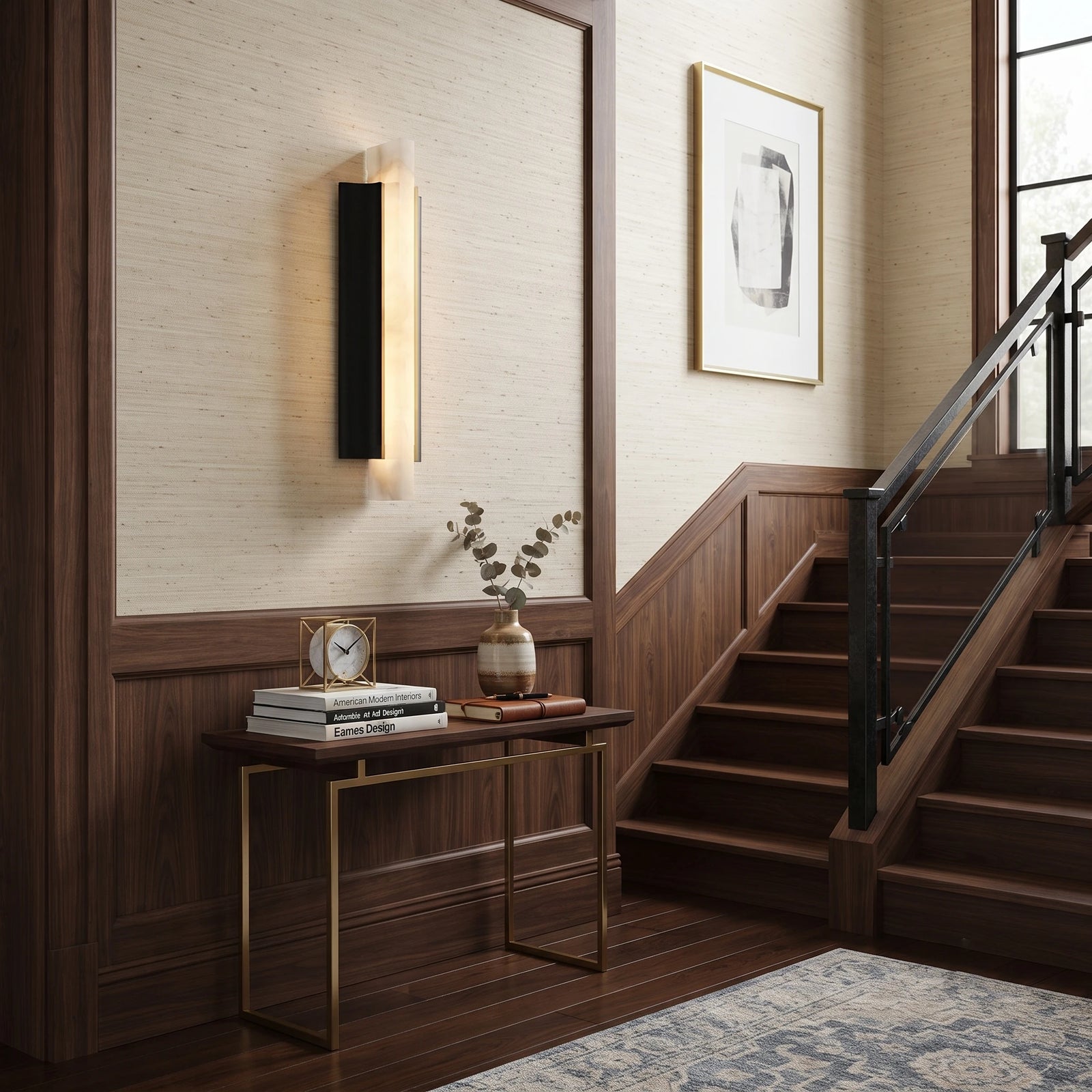 Modern Alabaster Pillar Sconce Light in Staircase Hallway