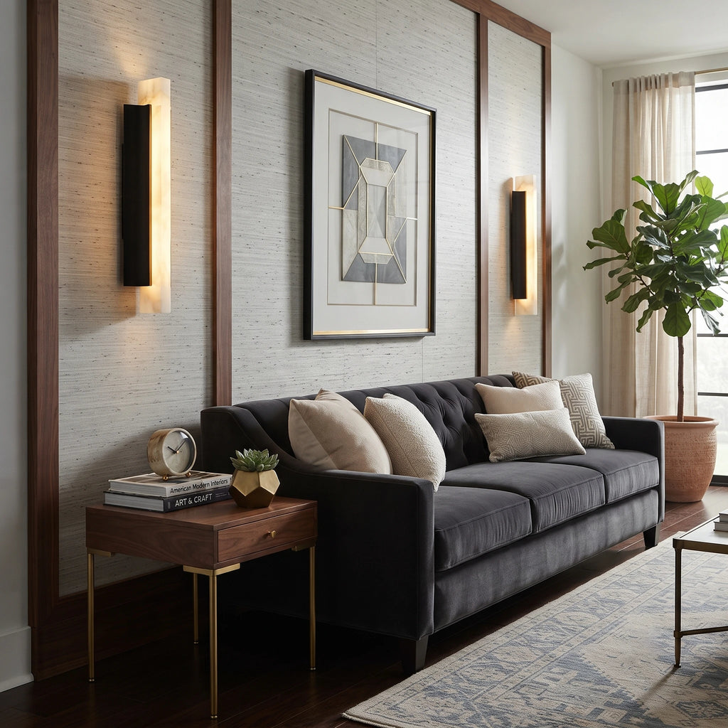 Pair of Alabaster Pillar Wall Sconces Flanking Sofa