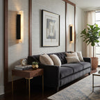 Pair of Alabaster Pillar Wall Sconces Flanking Sofa