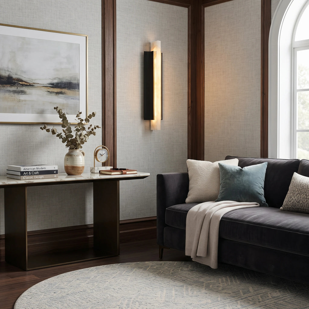 Modern Alabaster Pillar Wall Light in Contemporary Living Room