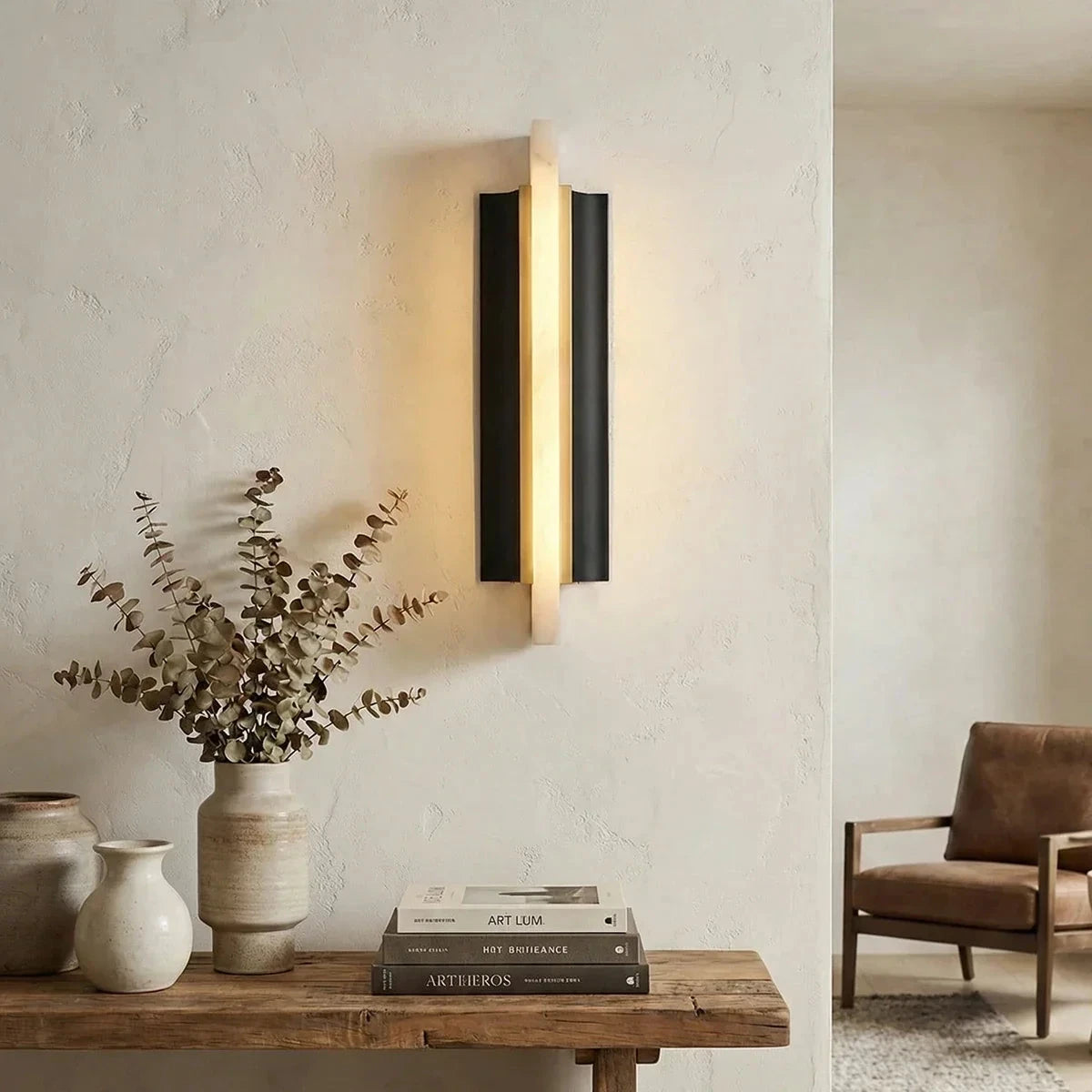 Modern Alabaster Pillar Wall Sconce Over Entryway Console