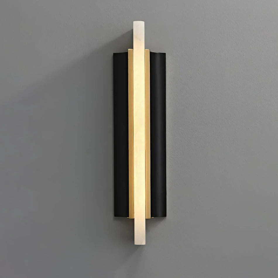 Front View of Illuminated Black Flanked Alabaster Sconce