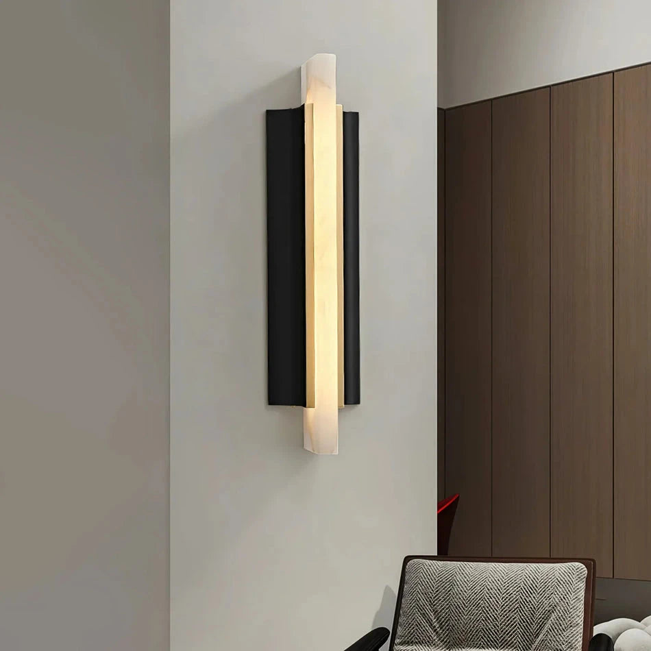 Black Flanked Alabaster Pillar Sconce in Modern Living Room