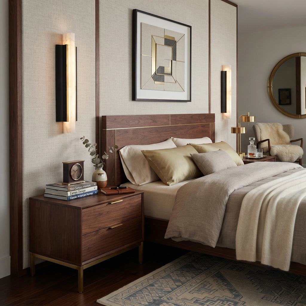 Pair of Alabaster Pillar Sconces Flanking Bedroom Bed