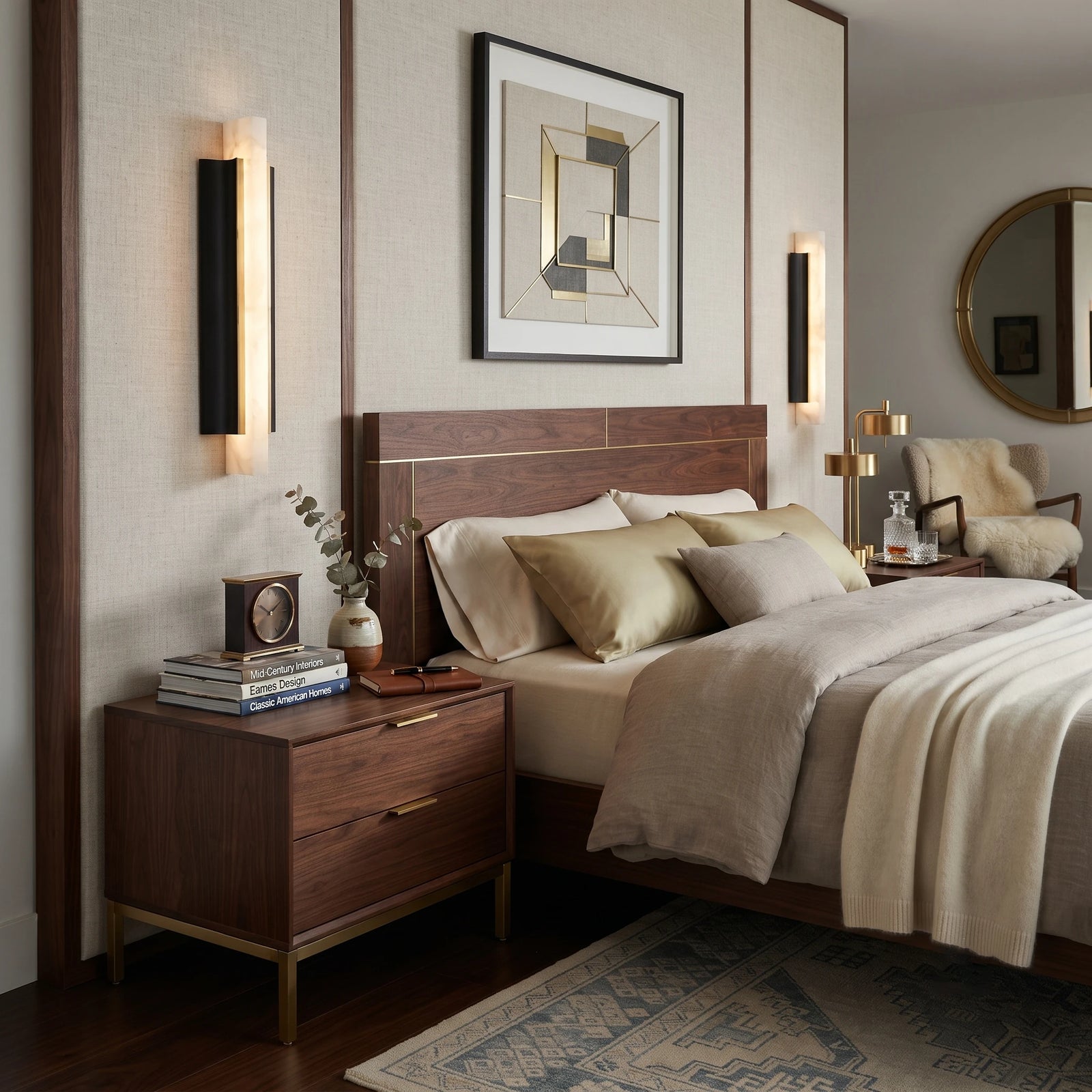 Pair of Alabaster Pillar Sconces Flanking Bedroom Bed