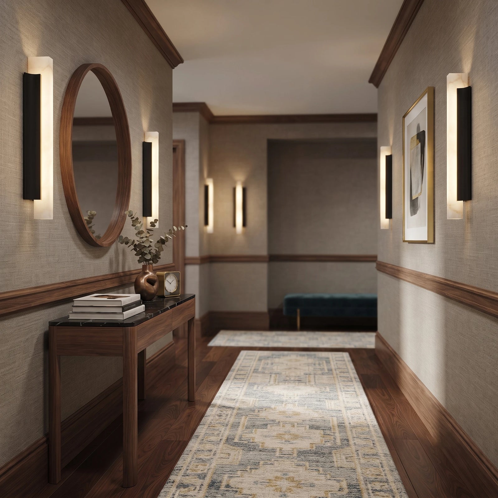 Modern Alabaster Pillar Wall Sconces Installed in Luxury Hallway
