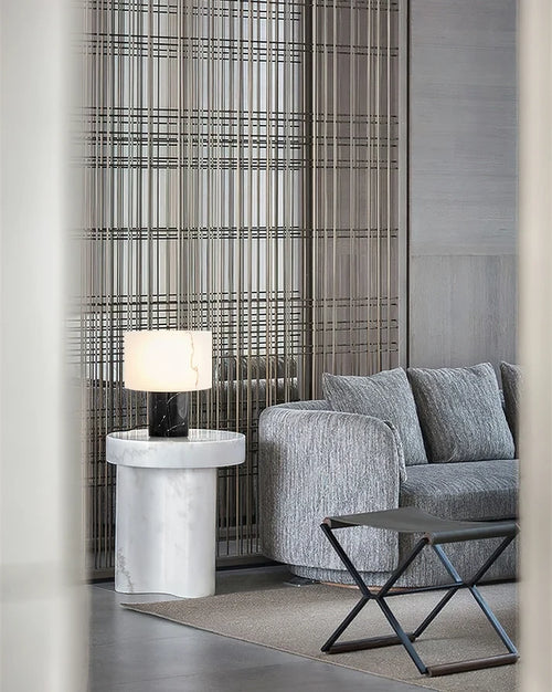 Modern Alabaster Cylinder Table Lamp Over Side Table