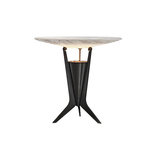 Modern Alabaster Disc Accent Table Lamp with Black Tripod Base on Pure White Background