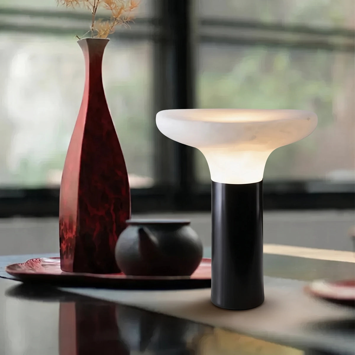Modern Alabaster Mushroom Table Lamp in Tea Room Setting