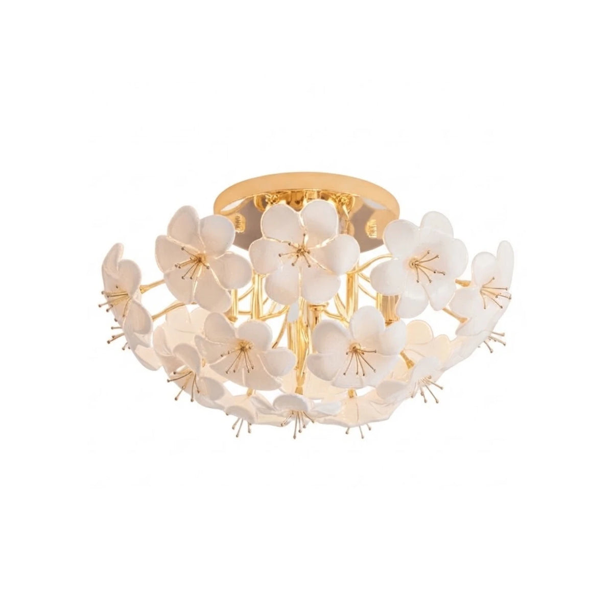 Modern White Ceramic Petal Art Flush Mount Ceiling Light with Brass Hardware on Pure White Background
