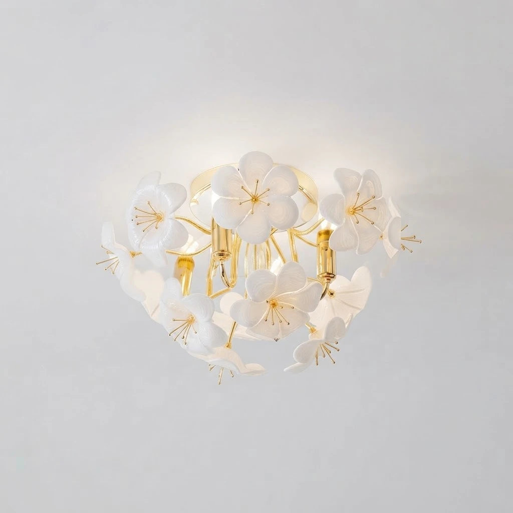 Illuminated Modern White Ceramic Petal Ceiling Light Studio Shot