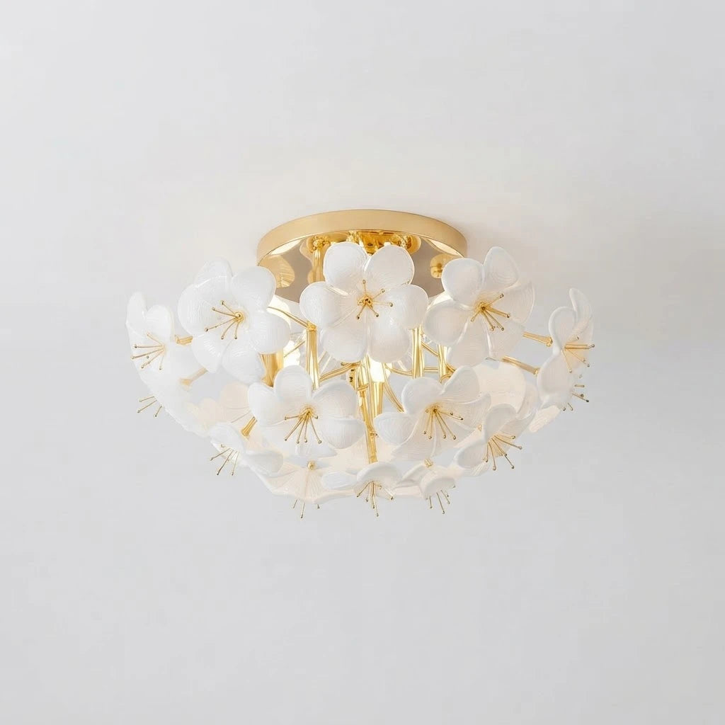 Angled View of Modern White Ceramic Petal Ceiling Light Studio Display