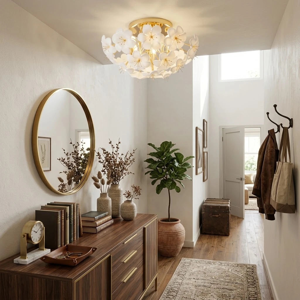 Modern White Ceramic Petal Ceiling Light in Open Foyer Area