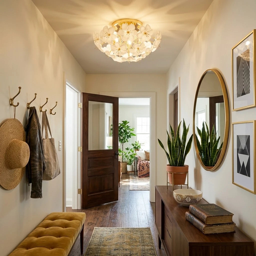 Modern White Flower Art Flush Mount Ceiling Light in Hallway Setting