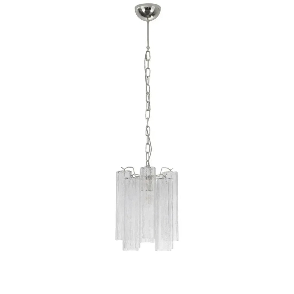Modern Silver Frame and Fluted Art Glass Single Pendant Light with Silver Canopy on Pure White Background