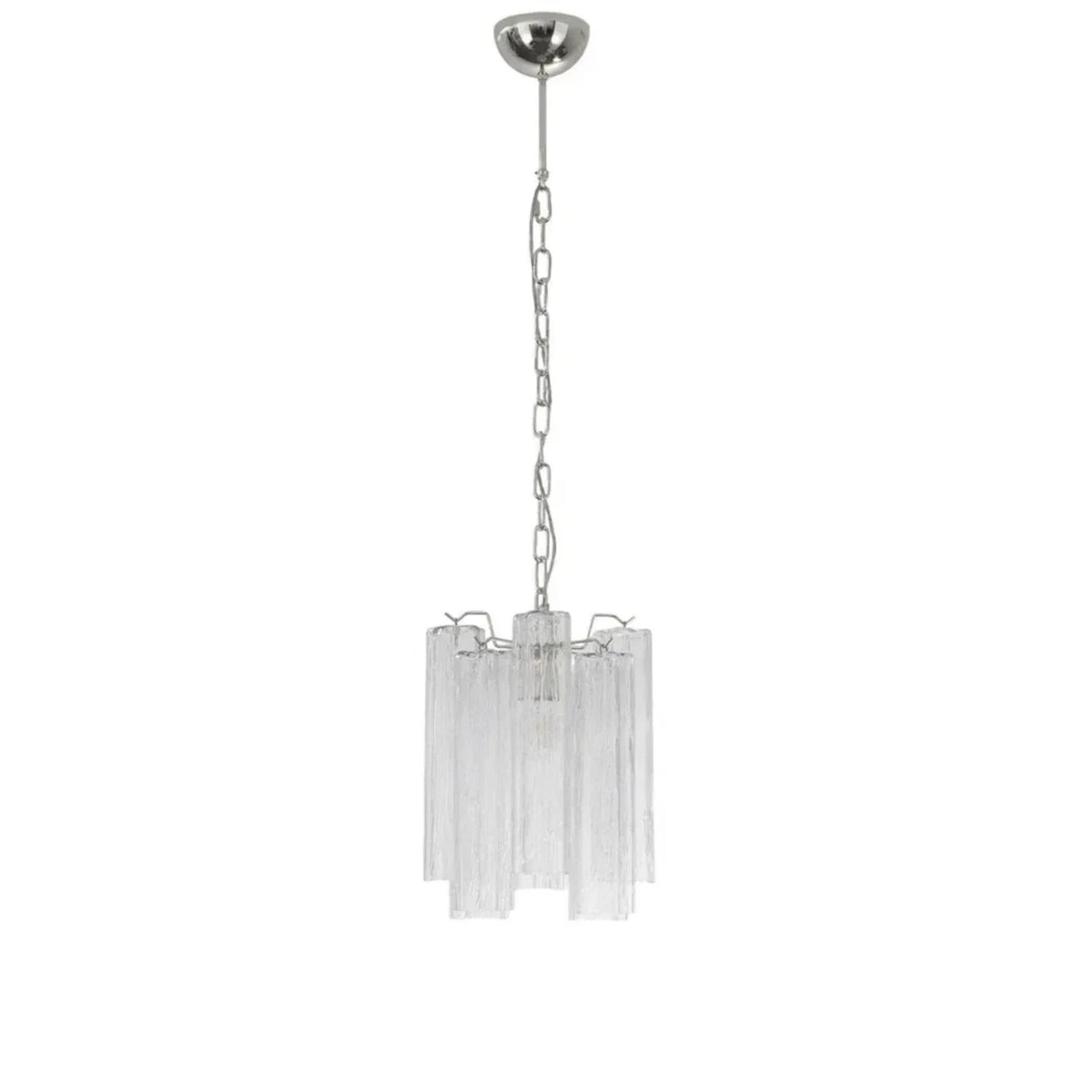 Modern Silver Frame and Fluted Art Glass Single Pendant Light with Silver Canopy on Pure White Background