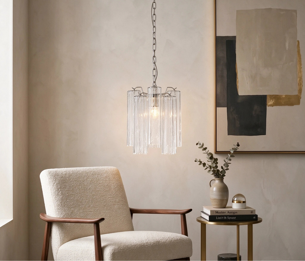 Modern Fluted Art Glass Single Pendant Light in Elegant Bedroom Interior