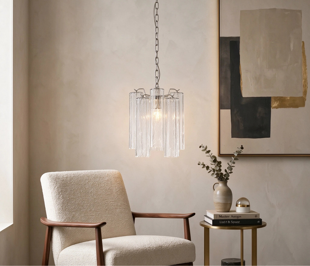 Modern Fluted Art Glass Single Pendant Light in Elegant Bedroom Interior