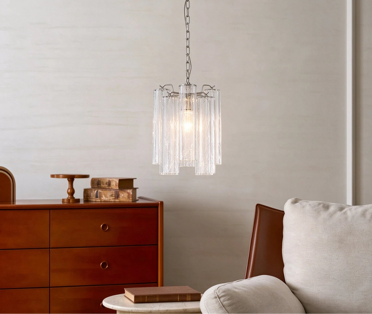 Modern Silver Frame Fluted Art Glass Pendant Light in Classic Home Office