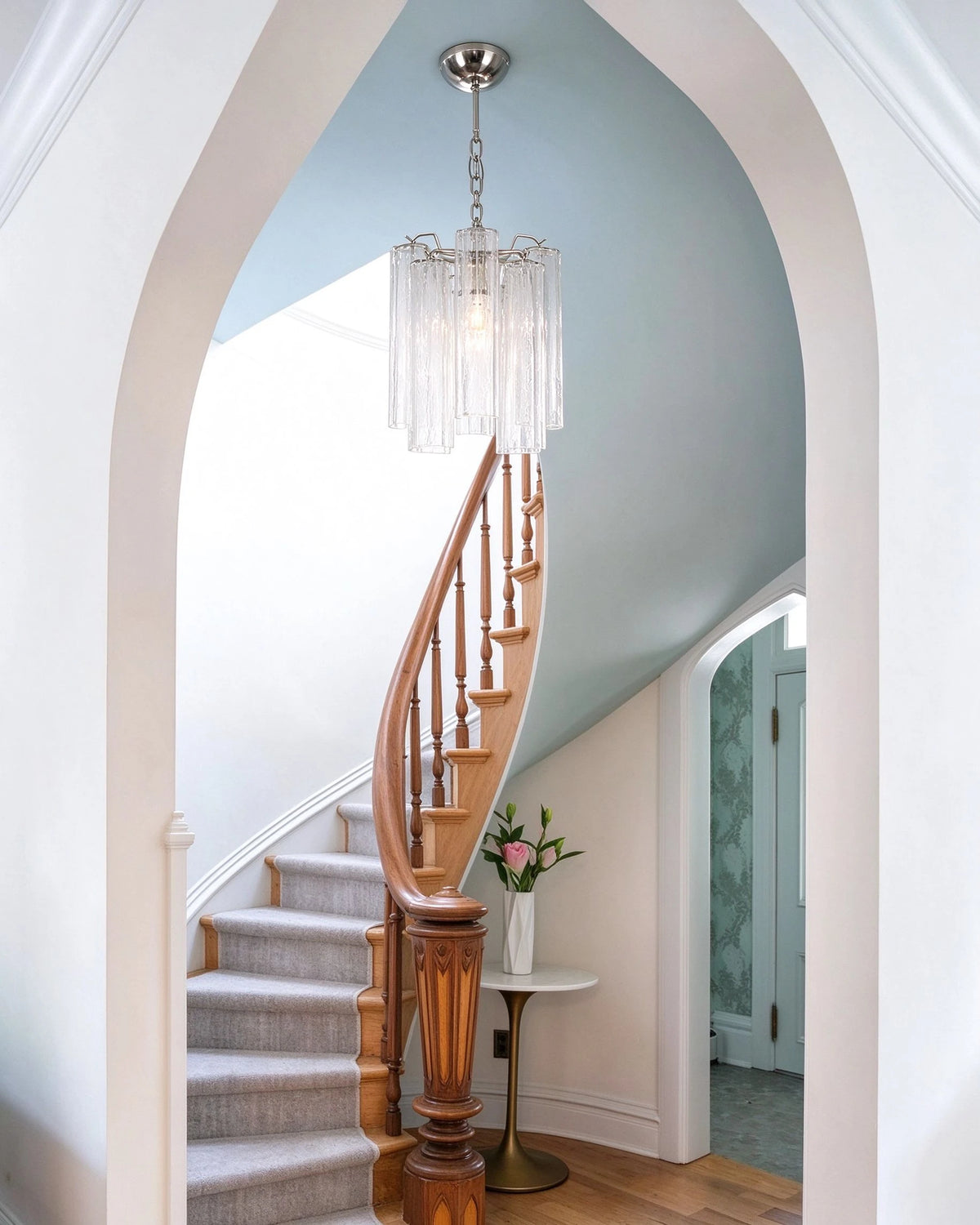 Modern Fluted Art Glass Single Pendant Light in Grand Staircase Foyer