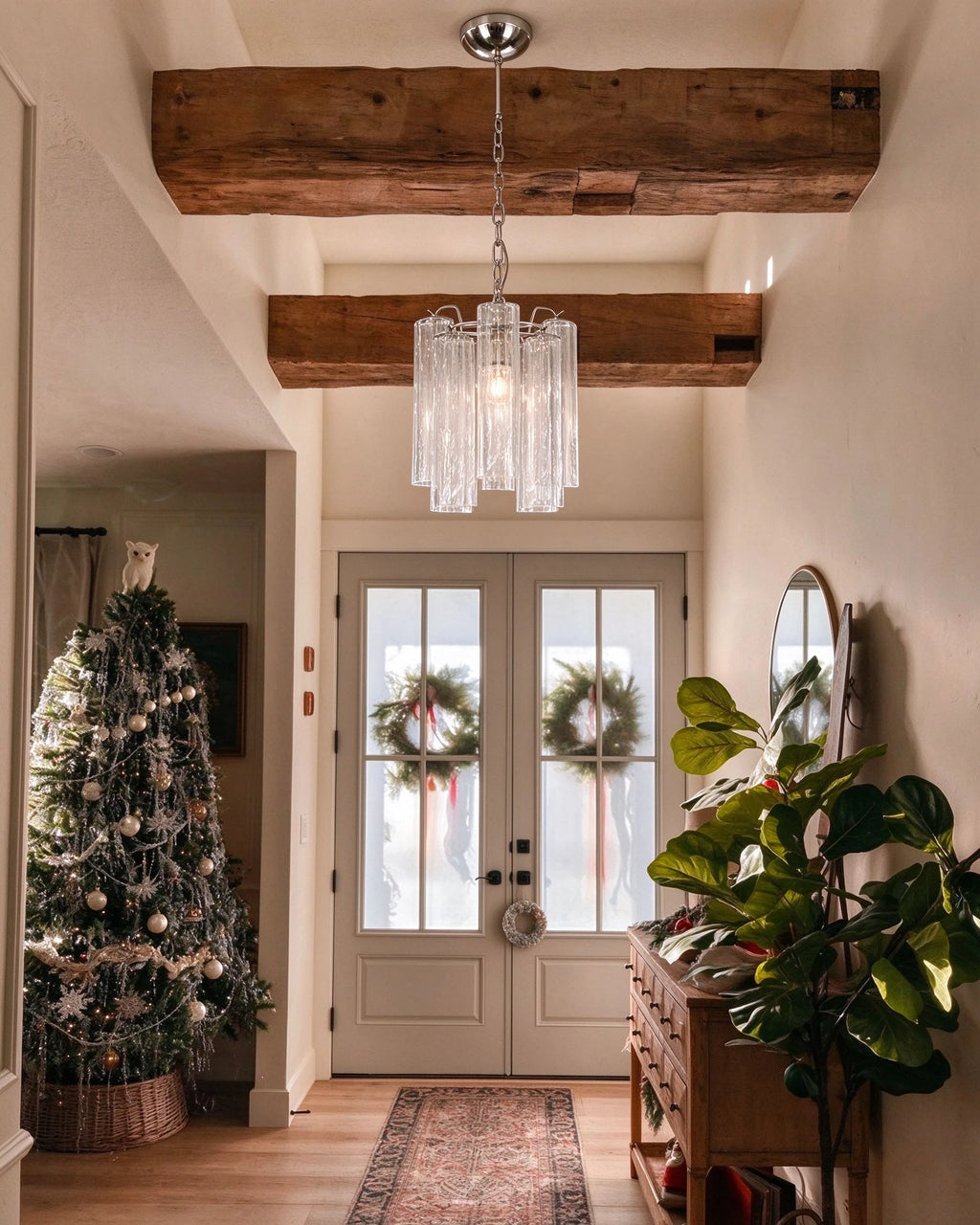 Modern Silver Frame Fluted Art Glass Pendant Light in Entryway Hallway