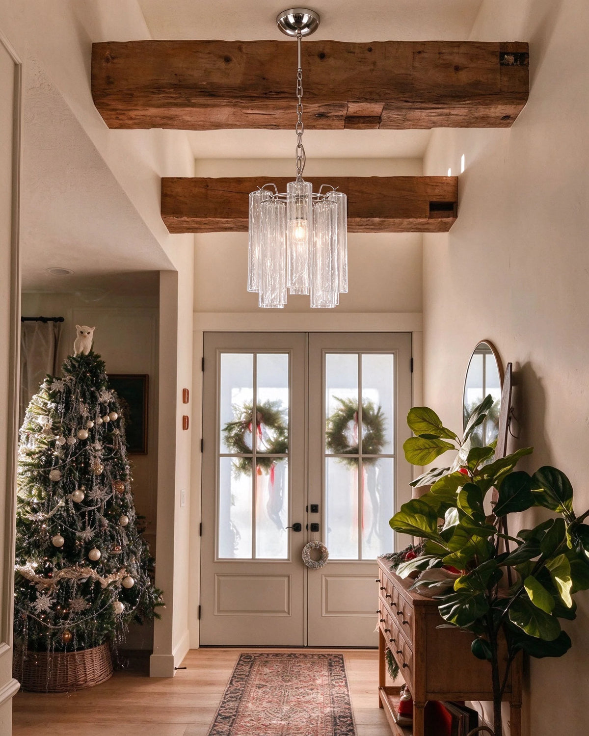 Modern Silver Frame Fluted Art Glass Pendant Light in Entryway Hallway