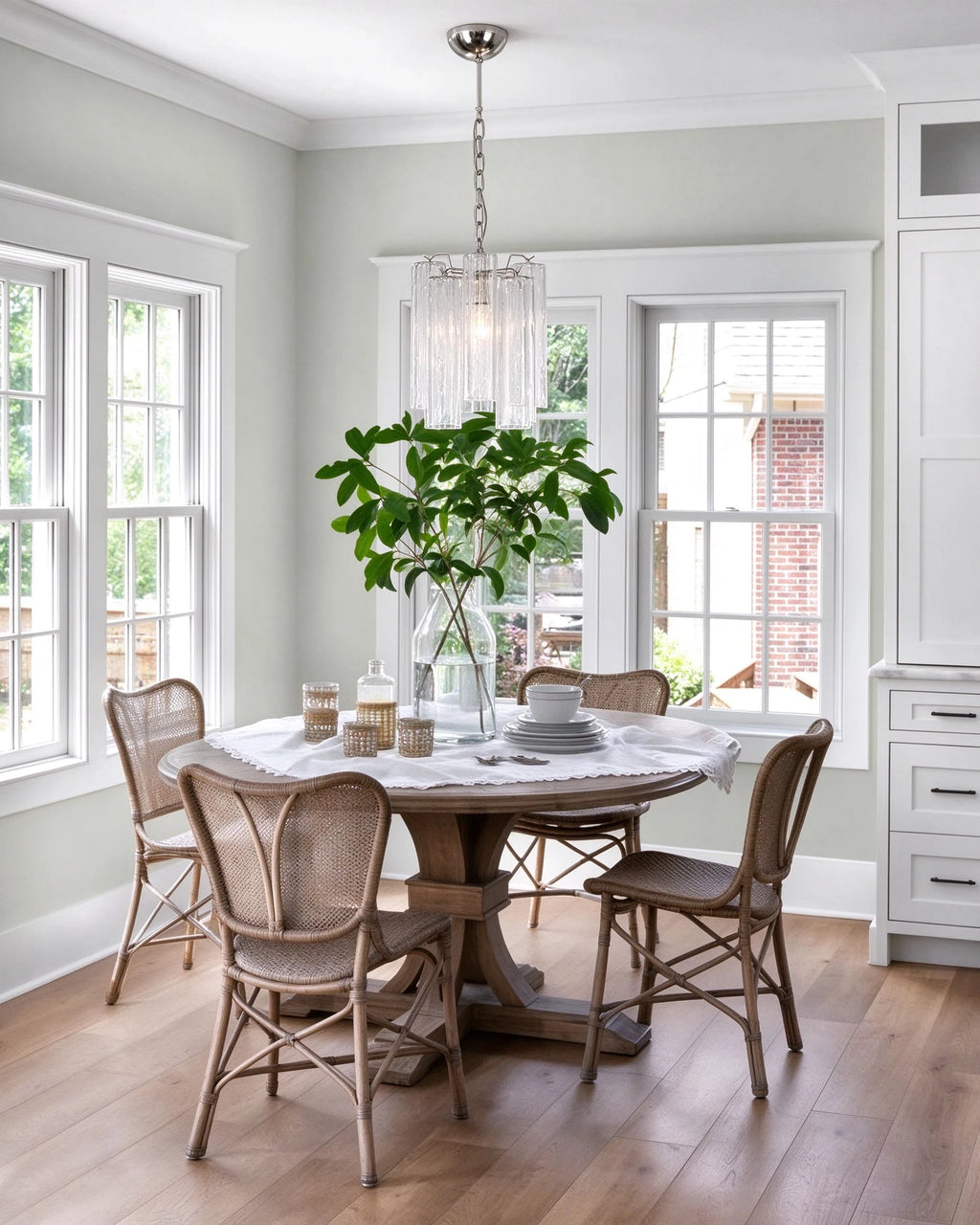 Modern Fluted Art Glass Single Pendant Light Over Wooden Dining Table