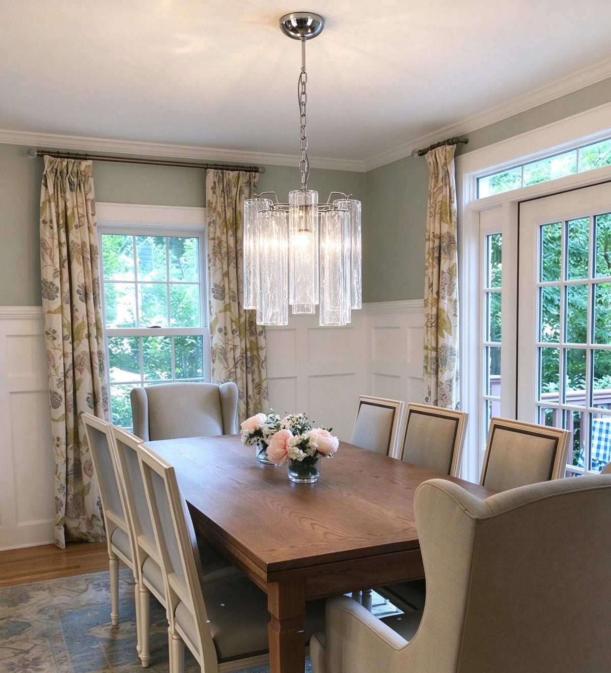 Modern Fluted Art Glass Single Pendant Light in Formal Dining Room