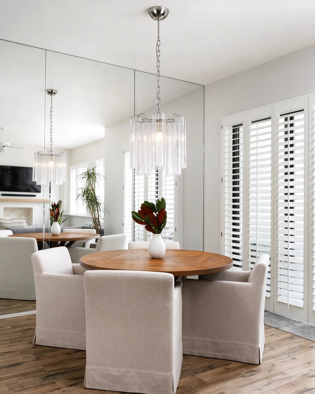 Modern Fluted Art Glass Single Pendant Light Over Round Dining Table