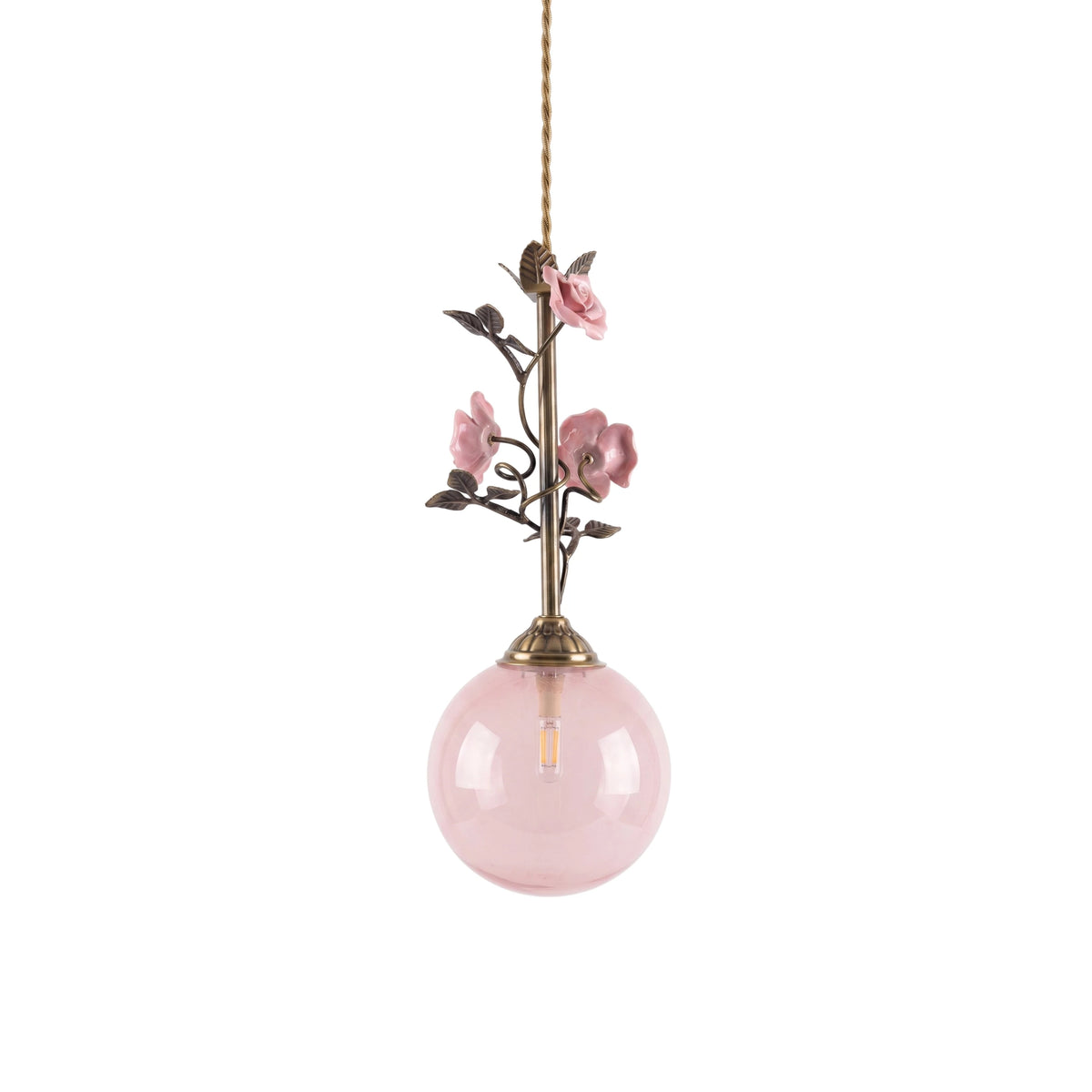 Vintage Brass French Mini Pendant Light with Pink Ceramic Rose and Pink Glass Globe Shade