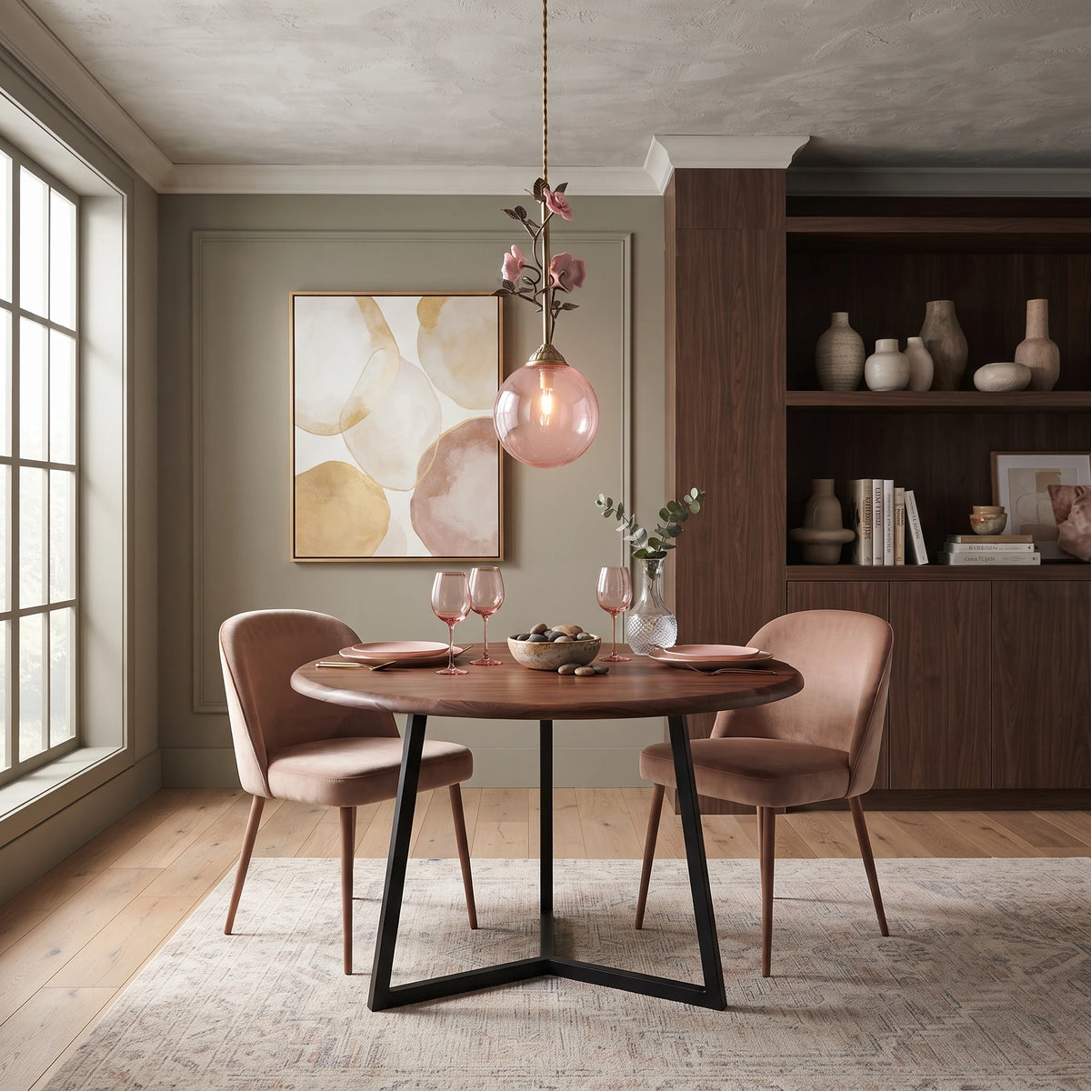 French Vintage Rose Pendant Light Hanging over Small Dining Table