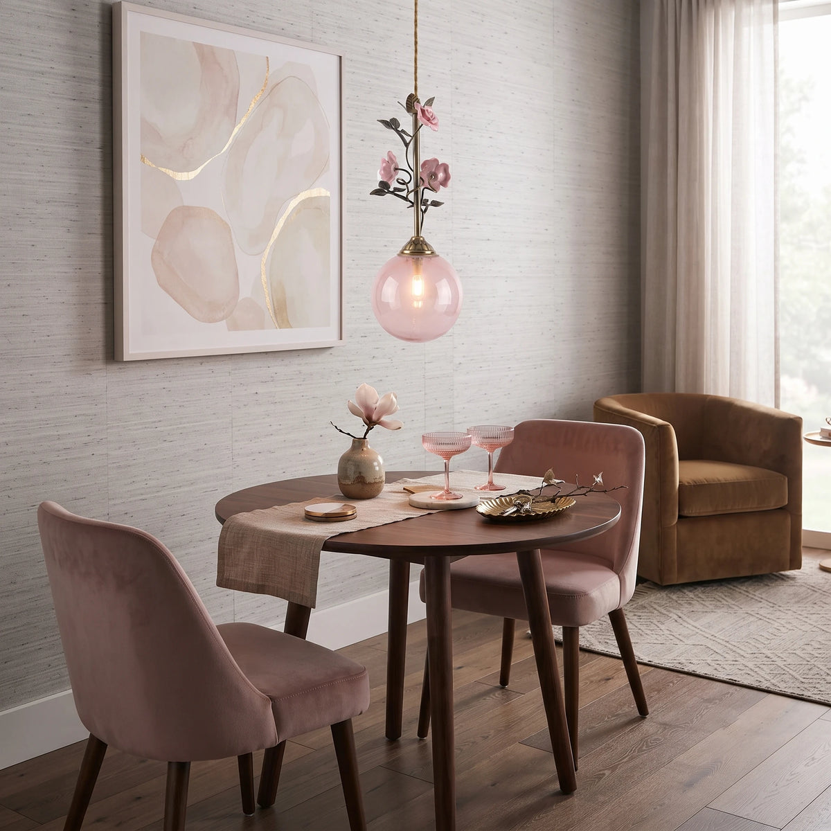 Brass Floral Rose Pendant Lamp in Cozy Breakfast Nook